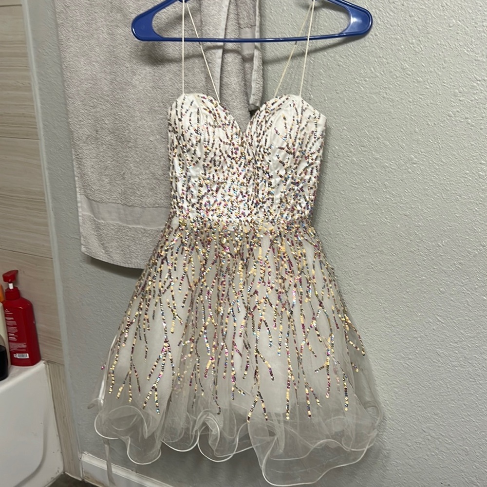 Prom Dress White with Sequins and Tie up back